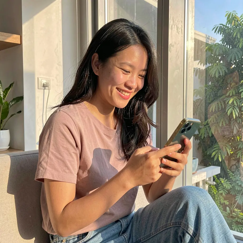 Young Filipino woman enjoying the PHIX99 mobile casino app while sitting by a sunny window and browsing games on her smartphone