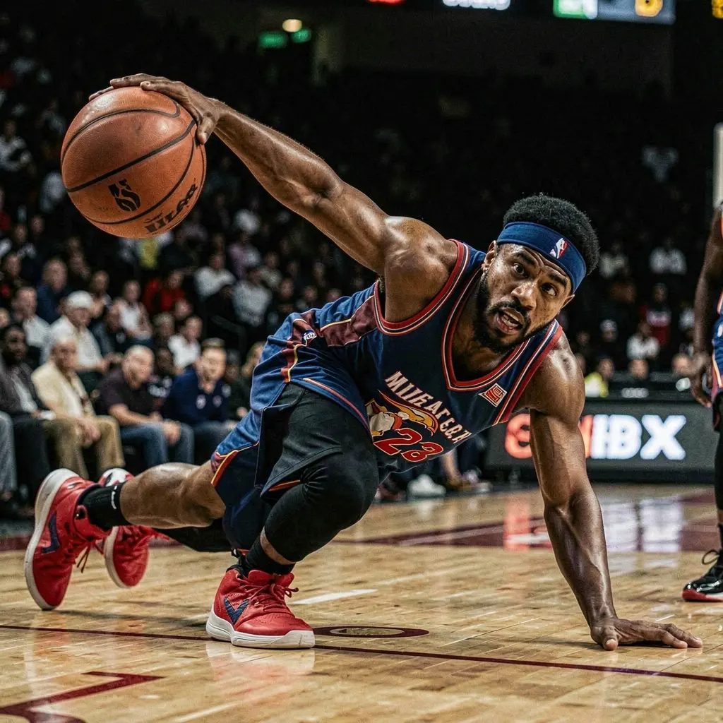 Intense moment of a basketball player diving for the ball during a competitive game symbolizing real time sports betting action with PHIX99 in the Philippines