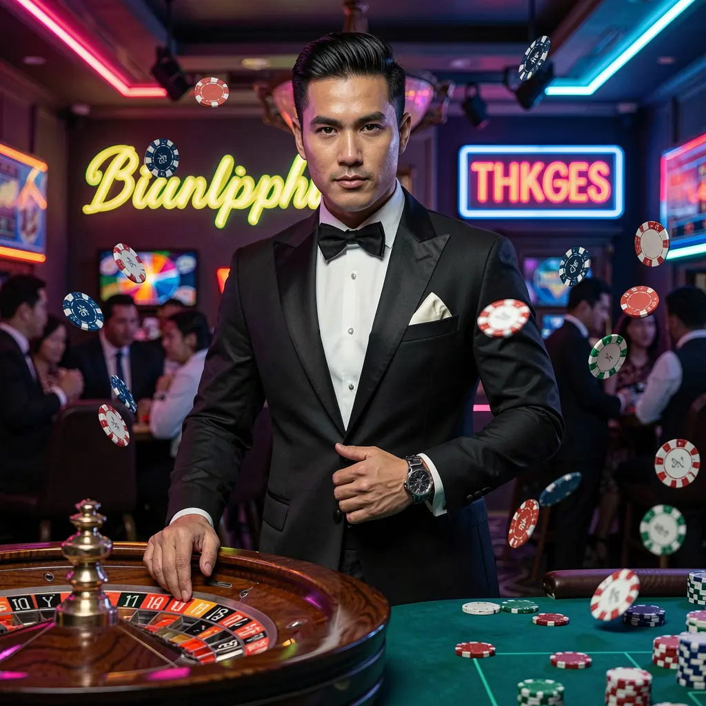 Stylish casino dealer in a tuxedo near a roulette table with flying chips representing the premium live casino atmosphere of PHIX99 for players in the Philippines