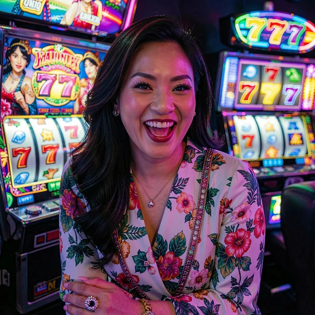 A joyful Filipino slot player celebrating a win in front of bright 777 symbols at PHIX99 online casino with colorful slot machines behind her